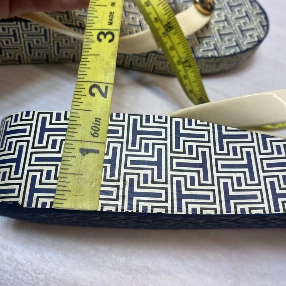 Tory Burch Womens 8 Platform Flip Flops Wedge Navy Logo Rubber Sandal Beach